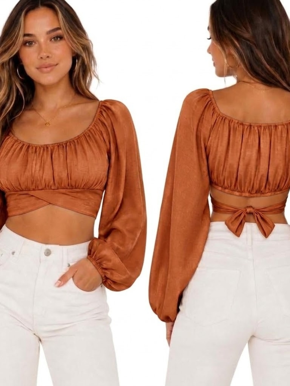Windsor Rust Satin Long Sleeve Crop Top Scoop Neck Cutout Tie Back Medium